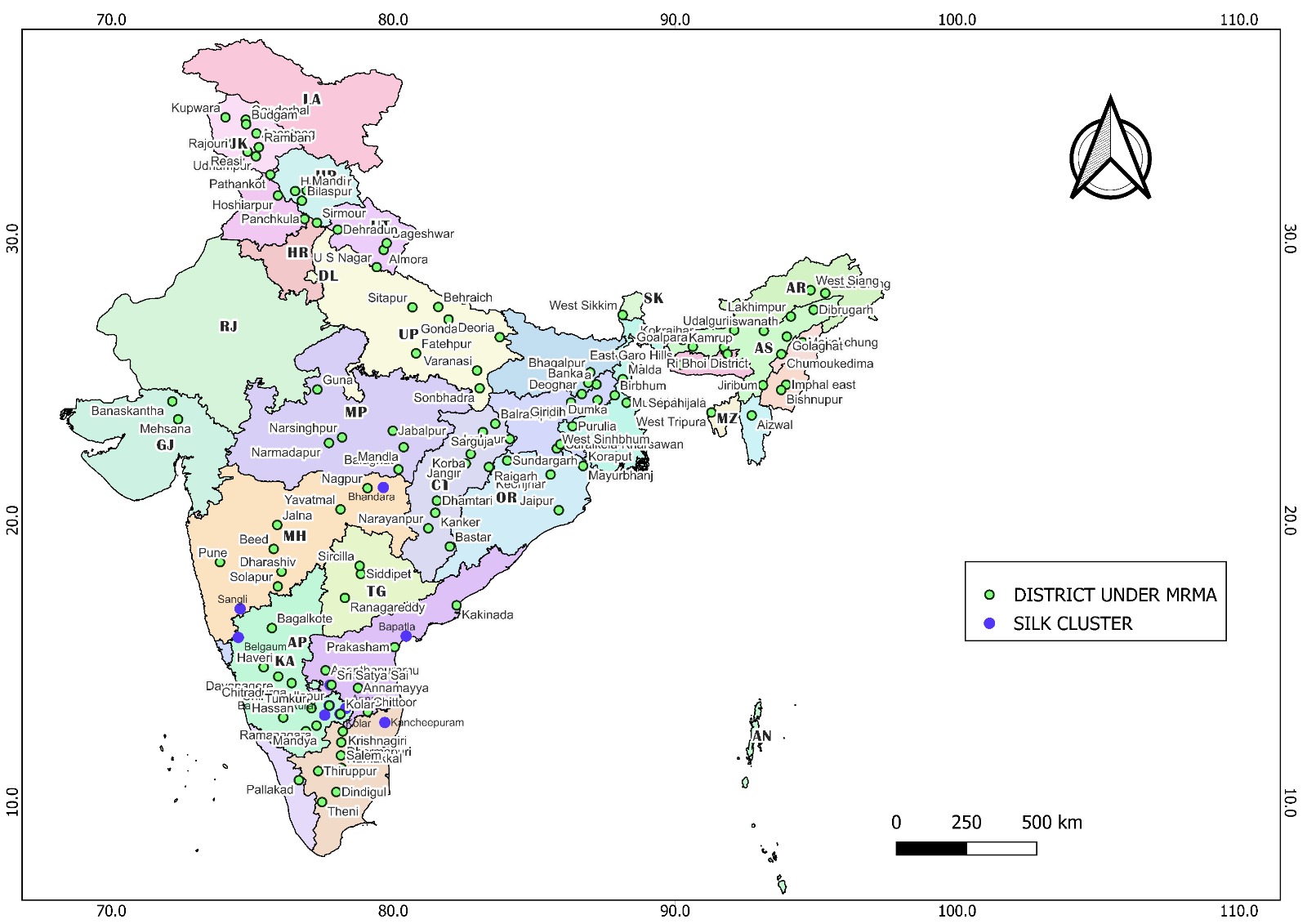 MRMA Coverage Map - Districts under MRMA and Silk Clusters across India